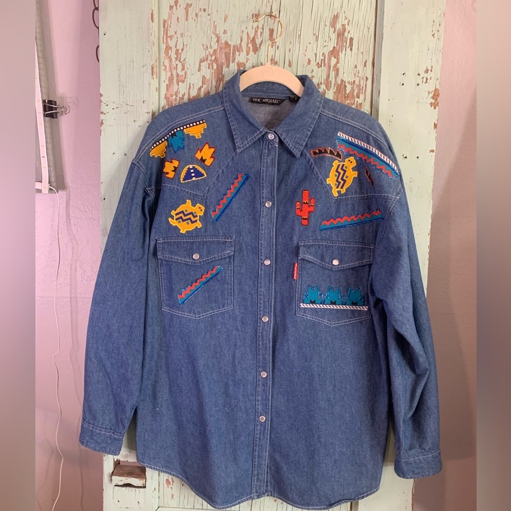 Vintage women’s Erin Michael’s LS denim button down with Aztec design size M